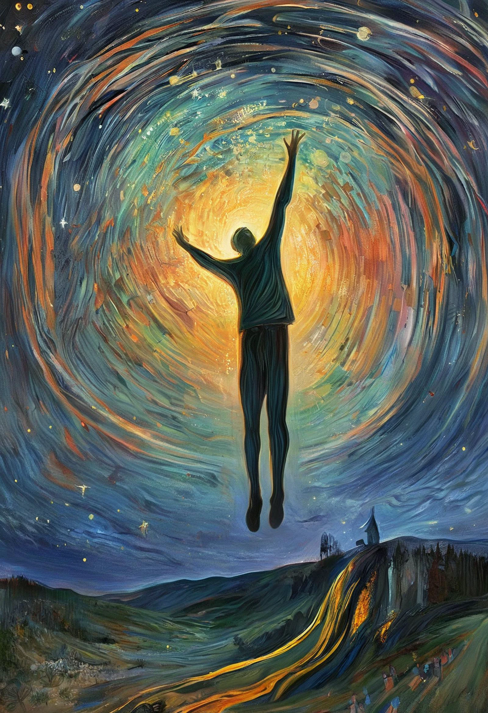 Edvard Munch style oil painting, psychedelic art (drdjns style), a man is reaching for the stars, pulling the stars down to earth, 8k, hdr, masterpiece, award winning art, brilliant composition