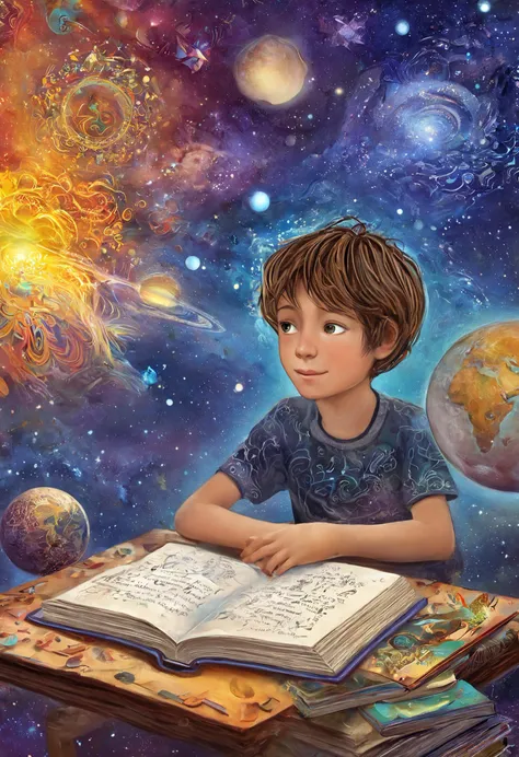 Psychedelic art (drdjns style), (childrens_book_illustration style), a young boy is daydreaming at school, imagining all sorts of magical things that are forgotten by the adult mind, masterpiece, 8k, hdr, award winning, highly aesthetic