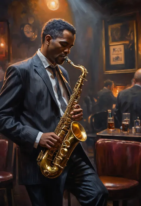 Impressionist painting, a moody scene at a intimate jazzclub, dark and smokey, a sole saxophonist is playing the gig of a lifetime, insane intricate detail, award winning art, raytracing, sharp focus, 8k, hdr, masterpiece, professional, highly detailed, perfect hands