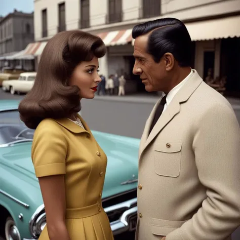 Pareja conversando, 1960s , color, <lora:MattSchustyle3:0.1> MattSchu, dark atmosphere <lora:Rafael_DeSoto:1.2> 1960s, Rafael DeSoto style