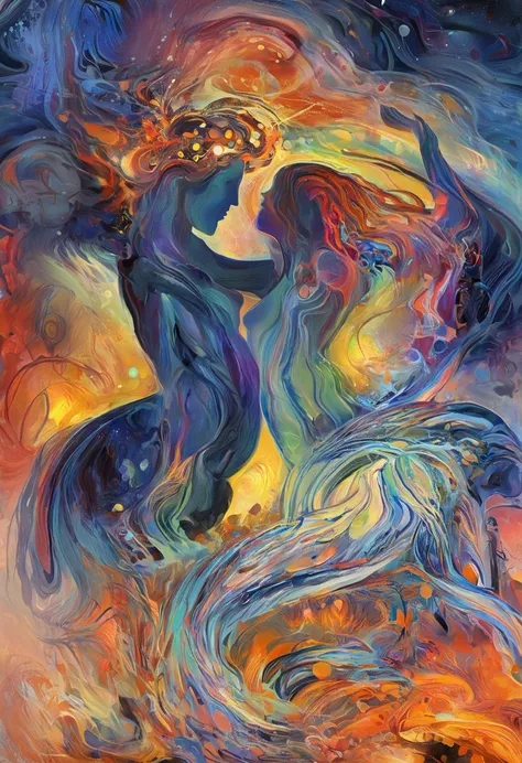 Edvard Munch style oil painting, psychedelic art (drdjns style), two lovers in intimate union, their passion consumes the universe, 8k, hdr, masterpiece