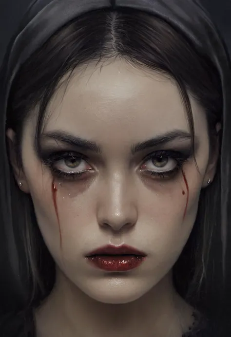 Hyperreal art (mkdrgs style), traditional painting hyperrealistic, a beautiful woman with a saddened expression, there is a darkness deep within, her tears flow like blood from an open wound, pale goth, regardless of the sorrow she evokes serenity, dark makeup, detailed skin with visible pores, 8k, hdr, masterpiece, award winning art, amazing lighting, (Victoria Frances style)
