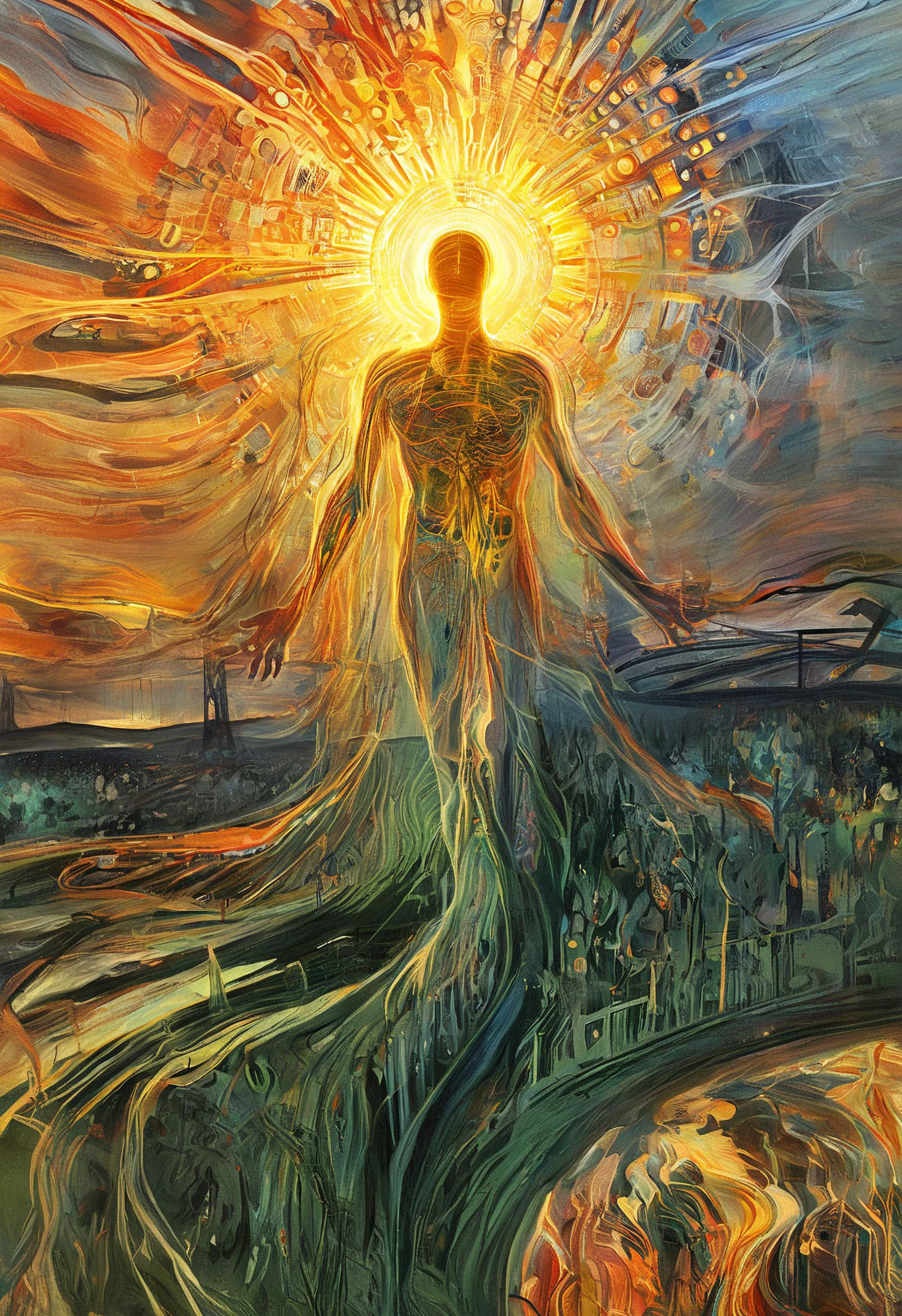 Edvard Munch style oil painting, psychedelic art (drdjns style), a man has become obsessed with the sun, now photonic energy is revealed to reside in all things, 8k, hdr, masterpiece