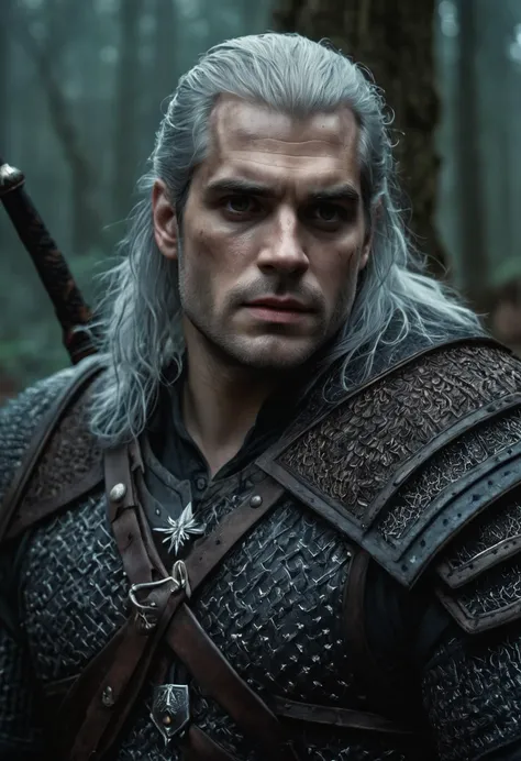 RAW Photograph, Henry Cavill as The Witcher, dark fantasy, piercing hazel eyes, dark forest at night, slayed monsters, detailed skin with visible pores, insane intricate detail, award winning art, raytracing, sharp focus, 8k, hdr, masterpiece, photography, dslr, kodachrome, 35mm photograph, analog film, professional, highly detailed