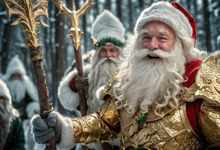 RAW Photography, mid closeup, Santa Clause surrounded by mysterious arctic Elven warriors in intricately detailed golden armor made out of mistletoes, mercenaries of Santa Clause's secret mercenary squad, saviors of Christmas, wielding magical weaponry, highly detailed, analog film, film grain, cinematic, 8k, masterpiece, kodachrome, rich vivid colors with deep darks, hdr, award winning photography