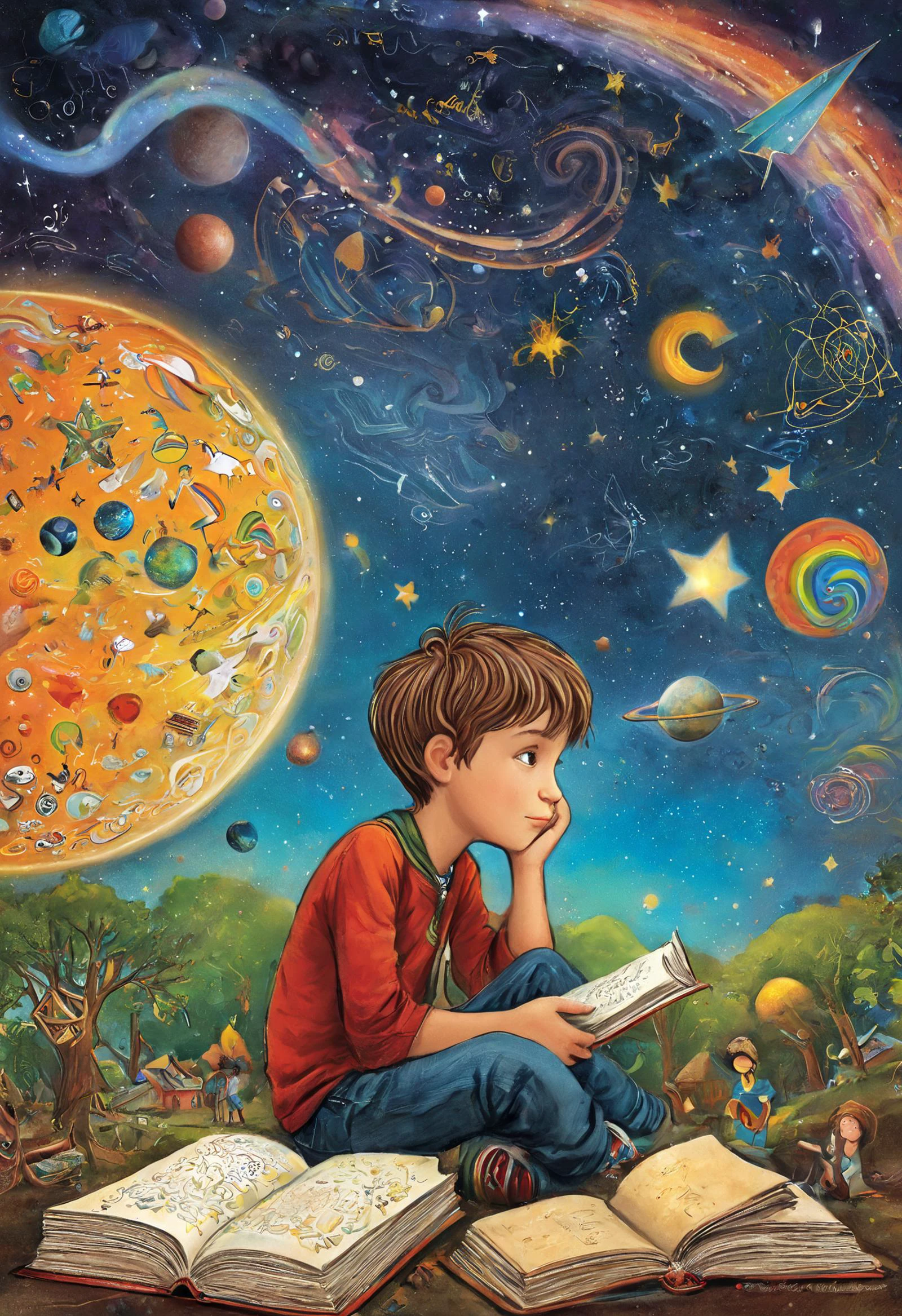 Psychedelic art (drdjns style), (childrens_book_illustration style), a young boy is daydreaming at school, imagining all sorts of magical things that are forgotten by the adult mind, masterpiece, 8k, hdr, award winning, highly aesthetic