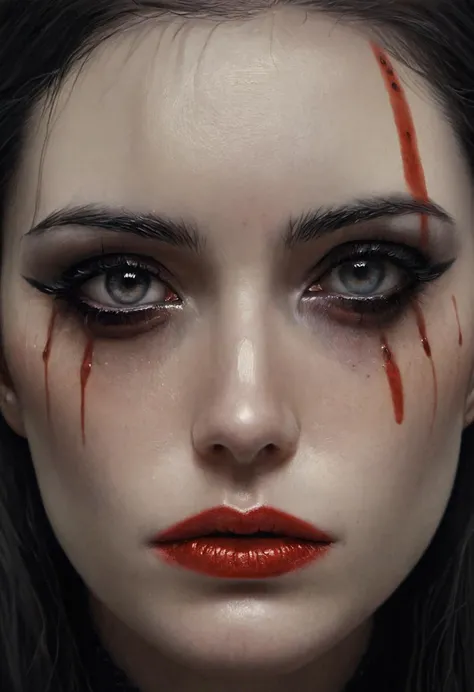 Hyperreal art (mkdrgs style), traditional painting hyperrealistic, a beautiful woman with a saddened expression, there is a darkness deep within, her tears flow like blood from an open wound, pale goth, regardless of the sorrow she evokes serenity, dark makeup, detailed skin with visible pores, 8k, hdr, masterpiece, award winning art, amazing lighting, (Victoria Frances style)