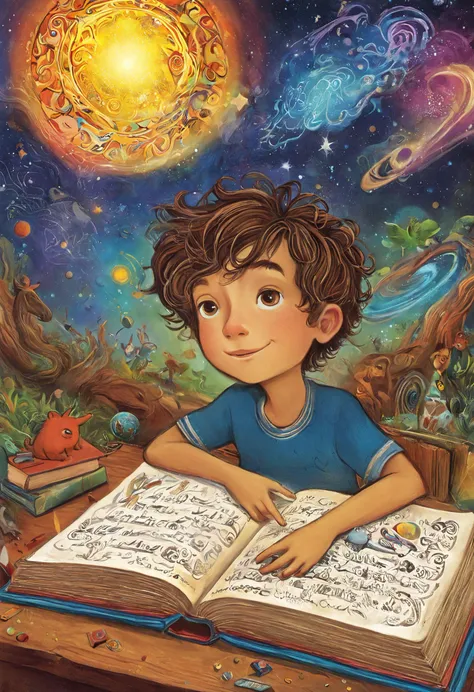 Psychedelic art (drdjns style), (childrens_book_illustration style), a young boy is daydreaming at school, imagining all sorts of magical things that are forgotten by the adult mind, masterpiece, 8k, hdr, award winning, highly aesthetic