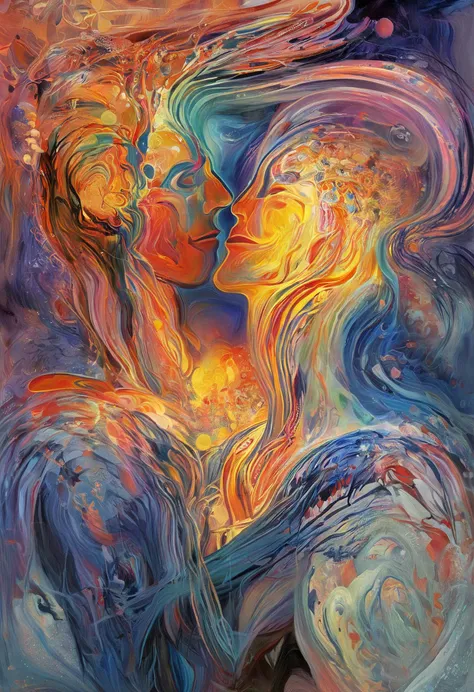 Edvard Munch style oil painting, psychedelic art (drdjns style), two lovers in intimate union, their passion consumes the universe, 8k, hdr, masterpiece