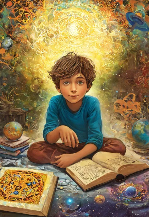 Psychedelic art (drdjns style), (childrens_book_illustration style), a young boy is daydreaming at school, imagining all sorts of magical things that are forgotten by the adult mind, masterpiece, 8k, hdr, award winning, highly aesthetic