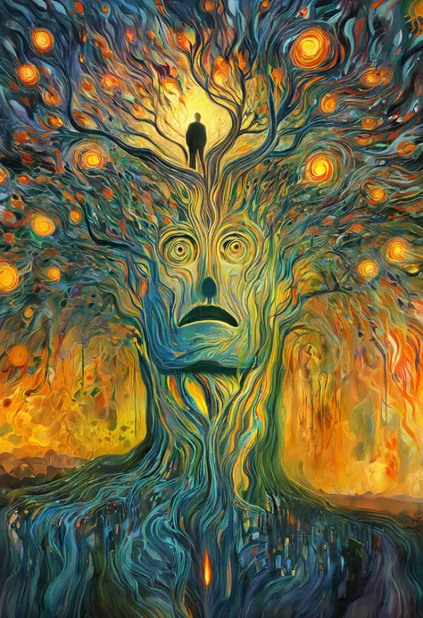 Edvard Munch style oil painting, psychedelic art (drdjns style), a man is picturing a tree that emits light deep inside his mind, 8k, hdr, masterpiece