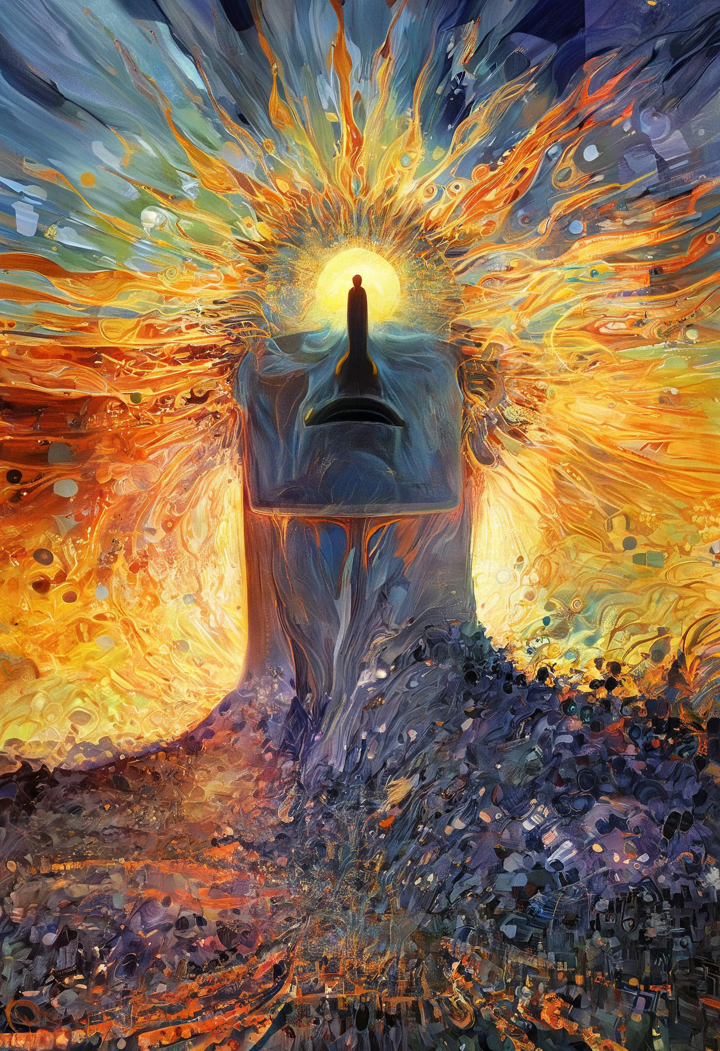 Edvard Munch style oil painting, psychedelic art (drdjns style), a man has become obsessed with the sun, now photonic energy is revealed to reside in all things, 8k, hdr, masterpiece