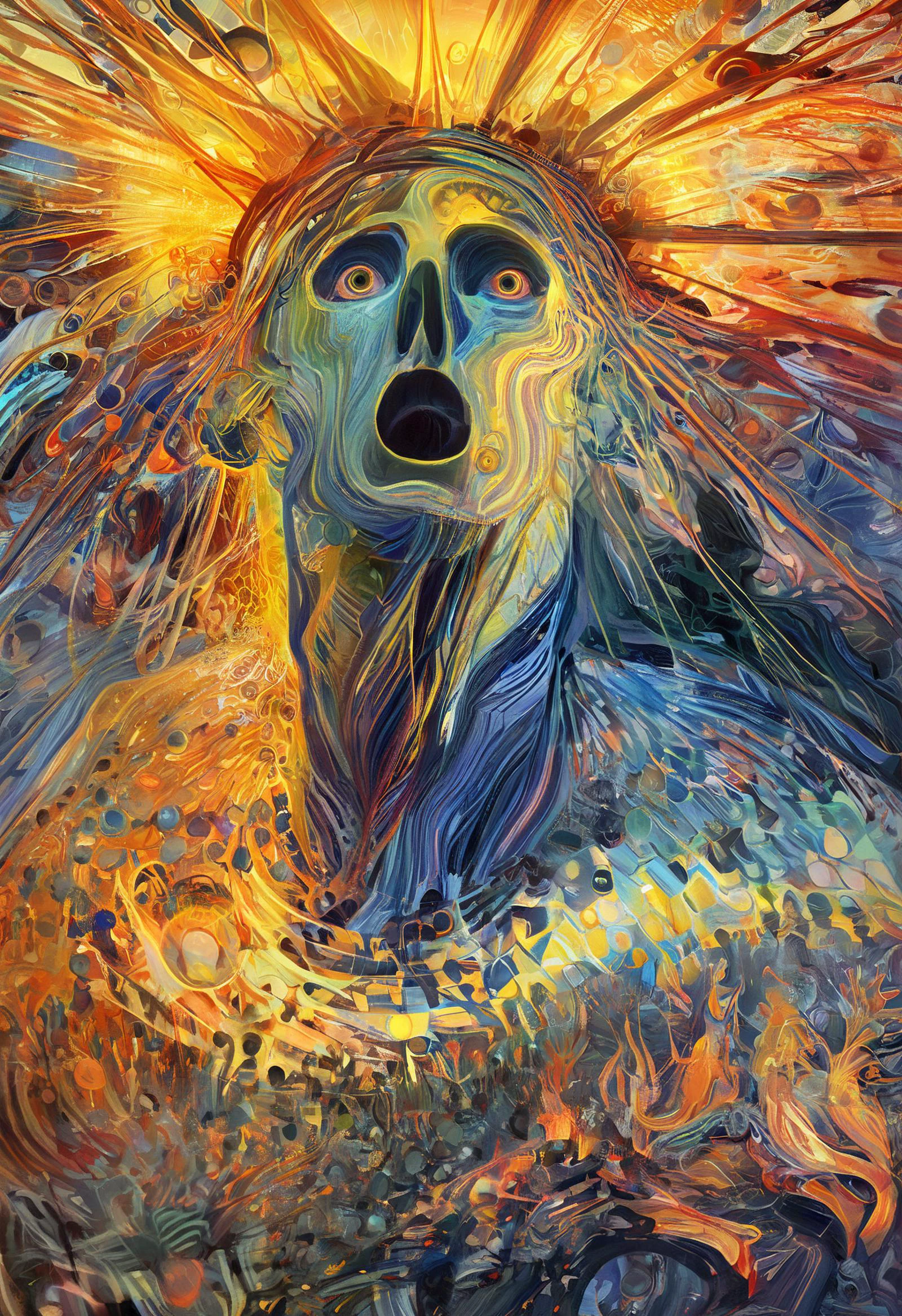 Edvard Munch style oil painting, psychedelic art (drdjns style), a man has become obsessed with the sun, now photonic energy is revealed to reside in all things, 8k, hdr, masterpiece