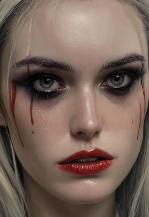 Hyperreal art (mkdrgs style), traditional painting hyperrealistic, a beautiful woman with a saddened expression, there is a darkness deep within, her tears flow like blood from an open wound, pale goth, regardless of the sorrow she evokes serenity, dark makeup, detailed skin with visible pores, 8k, hdr, masterpiece, award winning art, amazing lighting, (Victoria Frances style)