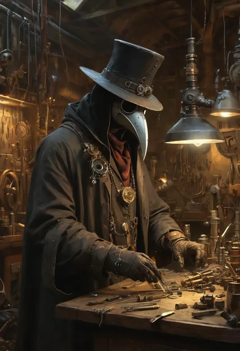 Digital painting (art by Craig Mullins), Steampunk fantasy, a plague doctor tinkering in his workshop, amazing technology surrounds him, mysterious contraptions, insane intricate detail, award winning art, raytracing, sharp focus, 8k, hdr, masterpiece, professional, highly detailed