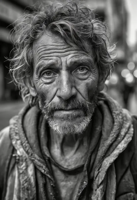 RAW black&white Photograph, medium closeup of a homeless man wandering the streets, detailed skin with visible pores, insane intricate detail, award winning art, raytracing, sharp focus, 8k, hdr, masterpiece, photography, dslr, kodachrome, 35mm photograph, analog film, professional, highly detailed