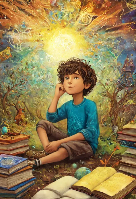 Psychedelic art (drdjns style), (childrens_book_illustration style), a young boy is daydreaming at school, imagining all sorts of magical things that are forgotten by the adult mind, masterpiece, 8k, hdr, award winning, highly aesthetic