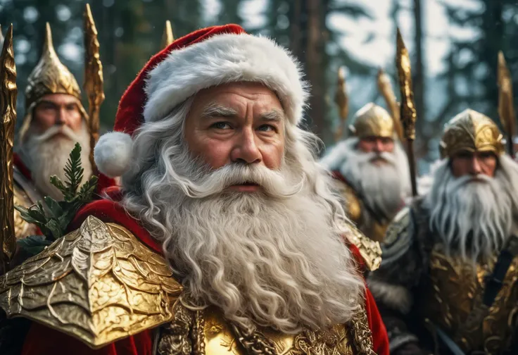 RAW Photography, mid closeup, Santa Clause surrounded by mysterious arctic Elven warriors in intricately detailed golden armor made out of mistletoes, mercenaries of Santa Clause's secret mercenary squad, saviors of Christmas, wielding magical weaponry, highly detailed, analog film, film grain, cinematic, 8k, masterpiece, kodachrome, rich vivid colors with deep darks, hdr, award winning photography