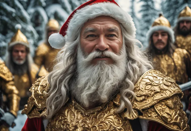 RAW Photography, mid closeup, Santa Clause surrounded by mysterious arctic Elven warriors in intricately detailed golden armor made out of mistletoes, mercenaries of Santa Clause's secret mercenary squad, saviors of Christmas, wielding magical weaponry, highly detailed, analog film, film grain, cinematic, 8k, masterpiece, kodachrome, rich vivid colors with deep darks, hdr, award winning photography