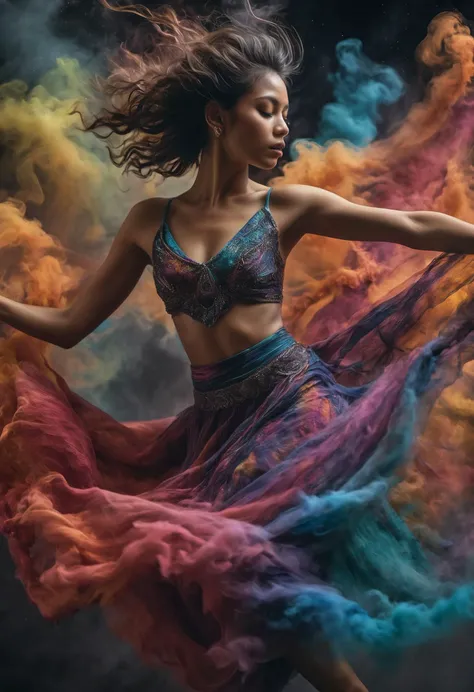 RAW Photograph, mid closeup, modern dancer, sweaty body, detailed skin with visible pores, intricate colorful outfit, garments flowing with the motion, weaving an intricate pattern, ((dancing in a nebula of thick colored smoke)), poetry in motion, insane intricate detail, award winning art, slow shutter speeds, dynamic photography, 1/50, suspended movement, motion blur, raytracing, sharp focus, 8k, hdr, masterpiece, photography, dslr, kodachrome, 35mm photograph, analog film, professional, highly detailed