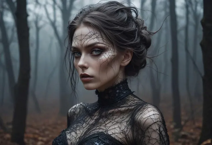 Style: "photo-realistic, hyper-realism, scientific fiction, AES+F, intricate analog film photo."
Type of shot: "upper-half body, dynamic pose, head turned, wind moving hair, rule of thirds, perfect composition, natural geometry, centered, upright, looking past the camera, shiny eyes."
Subject: "Halloween witch, eerie yet beautiful."
Action: "staring at the viewer, surprised and a bit sinister, sensually parted lips, casting a spell."
Aesthetic: "haunting dusk, dark and misty."
Season: "autumn."
Look: "iridescent hair with glowing streaks, eerie choker, mystical outfit."
Background: "haunted forest, swirling fog, full moon."
Makeup: "aesthetic makeup, dark lips, iridescent lipstick, mesmerizing eyes."
Body: "ethereal skin with a ghostly glow, detailed."
Outfit: "ornate, enchanted accessories."
Artists: "Joe Webb, Sarah Lucas, James Gilleard, Petrus Van Schendel, Alberto Seveso, Android Jones, Wally Wood, Walter Van Beirendonck."
Details: "Life-like, cinematic, dramatic, dynamic, pristine aesthetic, enigmatic, emotionally moving, moody, refined lines and shapes, sharp details, complementary colors, ray-tracing, anti-aliasing, realistic shadows, low saturation, insane quality, 32k resolution."
Photography: "RAW, full sharpness, depth of field, 8k, DSLR quality, volumetric lighting, high quality, film grain, glamour, dynamic, energetic, optimized for FLUX."
Enhancements: "Ray tracing, optimized for FLUX."