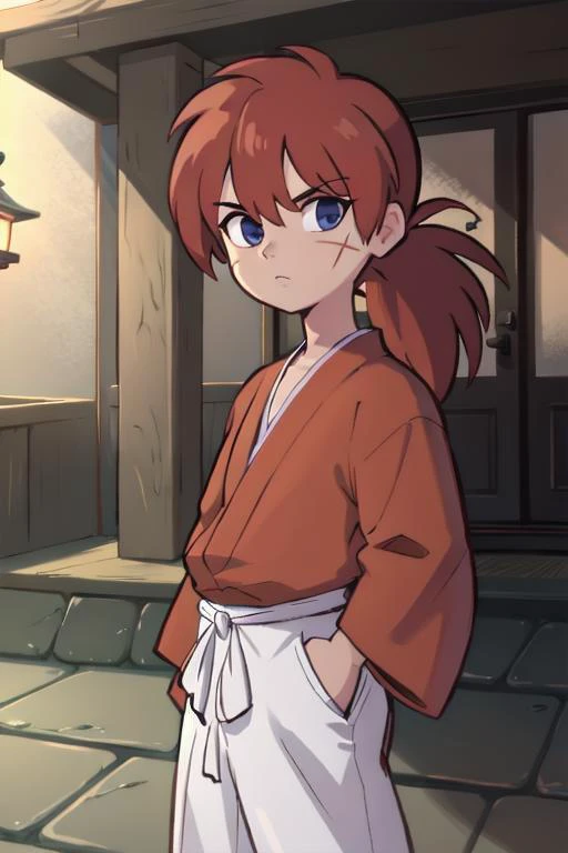 ((masterpiece), best quality),1boy,toon \(style\), <lora:Kenshin_RK:1>  , kenshin rk, long hair, japanese clothes, ponytail, scar, hakama, red robe, red hair, japanese temple,