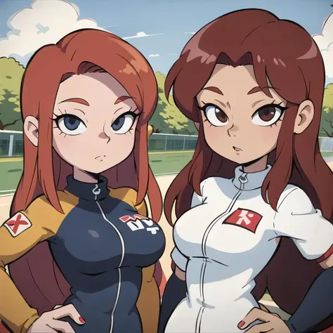 cartoon woman (wearing racing outfit:1.3) (long red hair:1.3) (romantic shading:1.2)