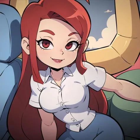 cartoon woman (wearing flight attendant outfit:1.3) (long red hair:1.3) (romantic shading:1.2) (seductive smile:1.3)