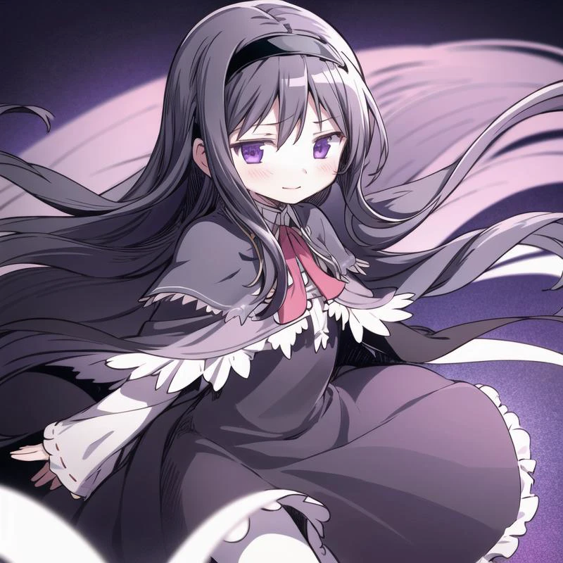 1girl, solo, masterpiece, best quality, illustration, absurdres, cute, film_grain, extremely detailed face, perfect lighting, <lora:add_detail:0.5>, <lora:char_walpurgis_no_kaiten_homura_lora:1>, char_walpurgis_no_kaiten_homura_lora, long hair, black hair, long sleeves, very long hair, purple eyes, hairband, black dress, frilled dress, frilled sleeves, collared dress, blush, looking at viewer, sidelocks, black pantyhose, capelet, black capelet, akemi_homura, <lora:madocus-64:1>,