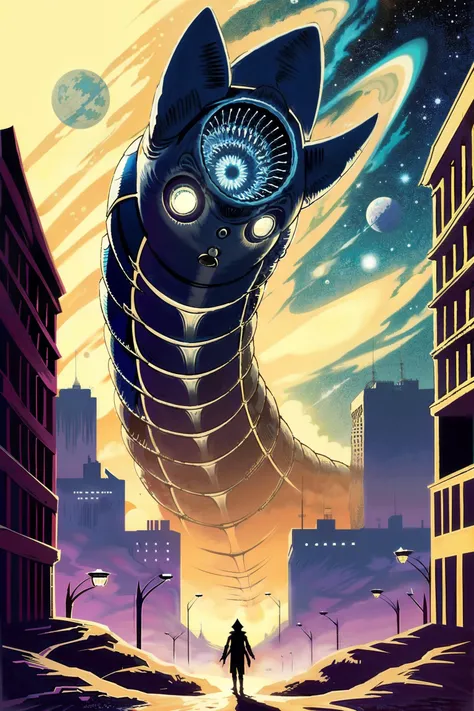 (retro poster, masterpiece, best quality, high detail), (retro art style, full frame, 1950s style, retro_future style, space_opera style), sandworm:1.9, busy city street, full_size:1.9 poster, white border <lora:Sandworm:.6>