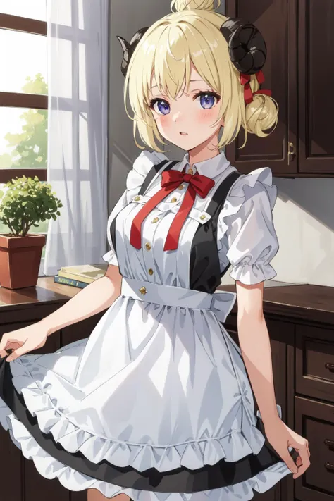 (masterpiece, best quality),  intricate details,
1girl,    <lora:WatameV4:0.8> ,Tsunomaki Watame, hair bun, sheep horns, 
 <lora:edgApronMarquise:0.8> ([edgApron|edgMarquise]::0.5), edgApron, edgMarquise_hairstyle, edgMarquise,