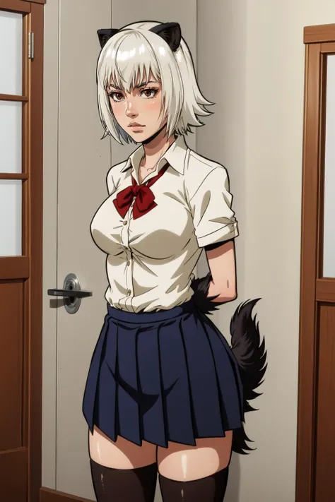 (masterpiece, best quality), intricate details,
1girl, <lora:uzaki_hitomi_v1:1> 1girl, solo, animal ears, white hair, short hair, brown eyes, tail, large breasts, school uniform, white shirt, skirt
<lora:bound_arms_v1:0.8> bound arms, arms behind back,