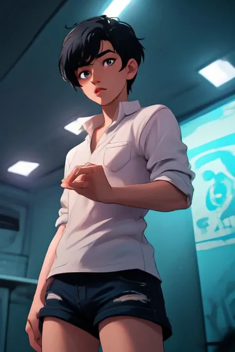 (masterpiece:1.21),(illustration:1.1),best quality,delicate details,refined rendering,Anime style,extremely detailed CG unity 8k wallpaper,toon style),(EOS R8,50mm,F1.2,8K,RAW photo:1.2),(1boy:1.45),male focus,(solo:1.33),Asian Slim male,slim,thin,adult,well-proportioned hands,Eyeball,dramatic angle,Pompadour Haircut,black eyes,solid eyes,thick eyebrows,([Emergency lighting|Side lighting|cinematic lighting|Wall wash lighting]),white shirt,denim shorts,