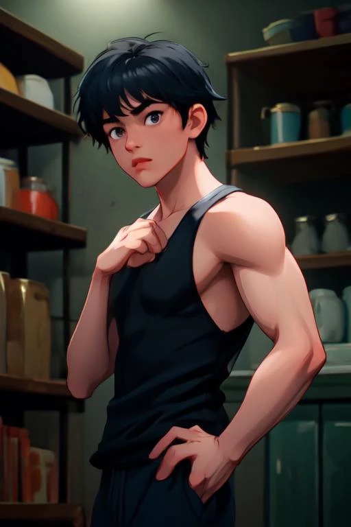 (masterpiece:1.21),(illustration:1.1),best quality,delicate details,refined rendering,Anime style,extremely detailed CG unity 8k wallpaper,toon style),(EOS R8,50mm,F1.2,8K,RAW photo:1.2),(1boy:1.45),male focus,(solo:1.33),Asian Slim male,slim,thin,adult,well-proportioned hands,Eyeball,dramatic angle,Surfer Hairstyle,black eyes,solid eyes,thick eyebrows,([Shelf lighting|Bounce lighting|Rembrandt Lighting|Wall wash lighting]),tank top,Joggers,