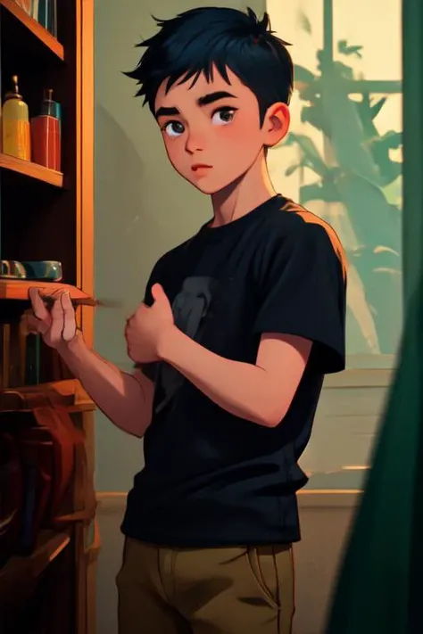 (masterpiece:1.21),(illustration:1.1),best quality,delicate details,refined rendering,Anime style,extremely detailed CG unity 8k wallpaper,toon style),(EOS R8,50mm,F1.2,8K,RAW photo:1.2),(1boy:1.45),male focus,(solo:1.33),Asian Slim male,slim,thin,adult,well-proportioned hands,Eyeball,dramatic angle,Shaved Haircut,black eyes,solid eyes,thick eyebrows,([Shelf lighting|Rembrandt lighting|Warm light|Practical special effect lighting]),T-shirt,Chinos,