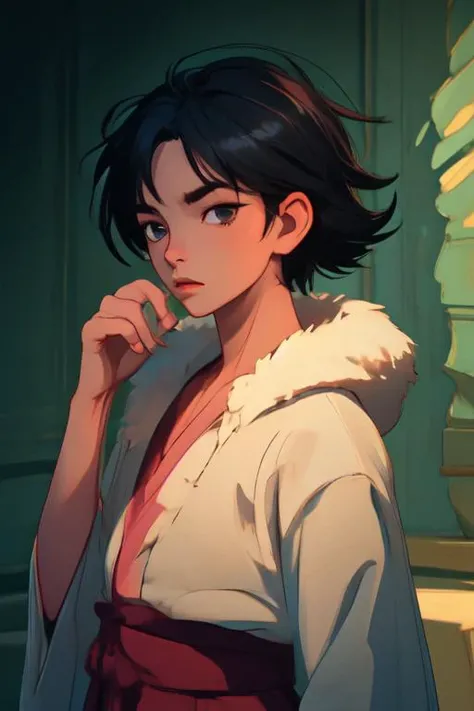 (masterpiece:1.21),(illustration:1.1),best quality,delicate details,refined rendering,Anime style,extremely detailed CG unity 8k wallpaper,toon style,(Guido Daniele:1.21),(masterpiece:1.21),(illustration:1.1),best quality,delicate details,refined rendering,Anime style,(Guido Daniele:1.21),comic,(Japan Anime style:1.21),(Menga style:1.21),(Toon style:1.33),(1boy:1.45),male focus,(solo:1.33),Asian Slim male,slim,thin,adult,handsome face,real skin texture,well-proportioned hands,think eyebrow,Eyeball,dramatic angle,Side Part Haircut,black eyes,solid eyes,thick eyebrows,fur trimmed colla,skirt under kimono,