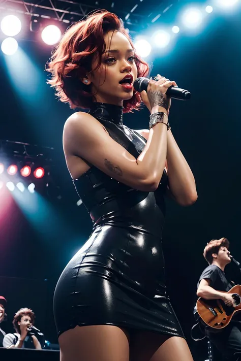 rihanna,(short red hair), red lipstick, hazel eyes, dark skin, wearing a dress, singing, crowd, concert, 
standing, on stage, neon lighting, extreme detail, hdr, realistic quality, analog,  <lora:lora-small-rihanna-v1:.8>