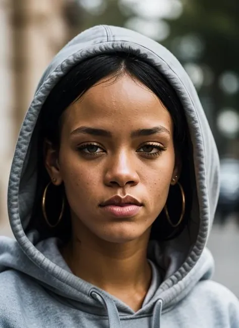 A stunning intricate color close up portrait of (sks woman:1) , wearing Ripped jeans and oversized hoodie, epic character composition, sharp focus, natural lighting, subsurface scattering, f2, 35mm, film grain, , by Peter Lindbergh, <lora:lora-small-rihanna-v1:1>