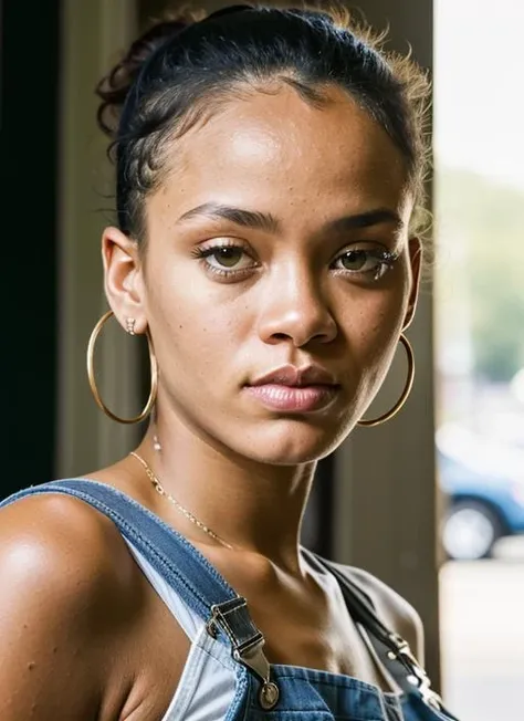 A stunning intricate color close up portrait of (sks woman:1) , wearing Overalls, epic character composition, sharp focus, natural lighting, subsurface scattering, f2, 35mm, film grain, , by Henri Cartier-Bresson, <lora:lora-small-rihanna-v1:1>