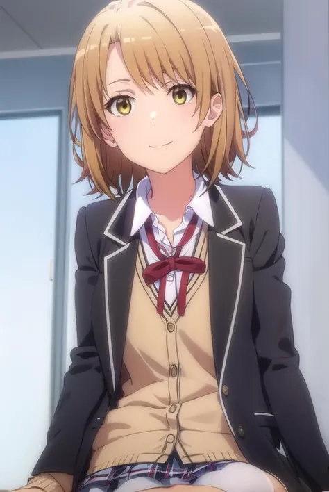 irohaisshiki, <lora:iroha isshiki s2s3-lora-nochekaiser:1>,
iroha isshiki, short hair, brown hair, (brown eyes:1.5), smile,
BREAK skirt, shirt, ribbon, school uniform, jacket, white shirt, open clothes, socks, open jacket, black jacket, plaid, kneehighs, plaid skirt, blazer, cardigan, black socks, pink cardigan, sobu high school uniform,
BREAK indoors, classroom,
BREAK looking at viewer,
BREAK <lyco:GoodHands-beta2:1>, (masterpiece:1.2), best quality, high resolution, unity 8k wallpaper, (illustration:0.8), (beautiful detailed eyes:1.6), extremely detailed face, perfect lighting, extremely detailed CG, (perfect hands, perfect anatomy),