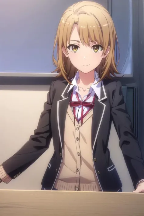 irohaisshiki, <lora:iroha isshiki s2s3-lora-nochekaiser:1>,
iroha isshiki, short hair, brown hair, (brown eyes:1.5), smile,
BREAK skirt, shirt, ribbon, school uniform, jacket, white shirt, open clothes, socks, open jacket, black jacket, plaid, kneehighs, plaid skirt, blazer, cardigan, black socks, pink cardigan, sobu high school uniform,
BREAK indoors, classroom,
BREAK looking at viewer,
BREAK <lyco:GoodHands-beta2:1>, (masterpiece:1.2), best quality, high resolution, unity 8k wallpaper, (illustration:0.8), (beautiful detailed eyes:1.6), extremely detailed face, perfect lighting, extremely detailed CG, (perfect hands, perfect anatomy),
