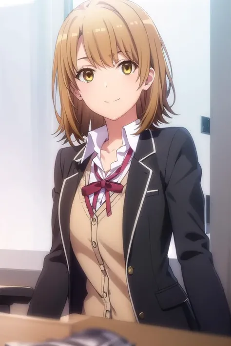 irohaisshiki, <lora:iroha isshiki s2s3-lora-nochekaiser:1>, 
iroha isshiki, short hair, brown hair, (brown eyes:1.5), smile,
BREAK skirt, shirt, ribbon, school uniform, jacket, white shirt, open clothes, socks, open jacket, black jacket, plaid, kneehighs, plaid skirt, blazer, cardigan, black socks, pink cardigan, sobu high school uniform,
BREAK indoors, classroom,
BREAK looking at viewer,
BREAK <lyco:GoodHands-beta2:1>, (masterpiece:1.2), best quality, high resolution, unity 8k wallpaper, (illustration:0.8), (beautiful detailed eyes:1.6), extremely detailed face, perfect lighting, extremely detailed CG, (perfect hands, perfect anatomy),