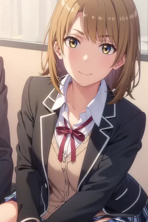 irohaisshiki, <lora:iroha isshiki s2s3-lora-nochekaiser:1>,
iroha isshiki, short hair, brown hair, (brown eyes:1.5), smile,
BREAK skirt, shirt, ribbon, school uniform, jacket, white shirt, open clothes, socks, open jacket, black jacket, plaid, kneehighs, plaid skirt, blazer, cardigan, black socks, pink cardigan, sobu high school uniform,
BREAK indoors, classroom,
BREAK looking at viewer,
BREAK <lyco:GoodHands-beta2:1>, (masterpiece:1.2), best quality, high resolution, unity 8k wallpaper, (illustration:0.8), (beautiful detailed eyes:1.6), extremely detailed face, perfect lighting, extremely detailed CG, (perfect hands, perfect anatomy),