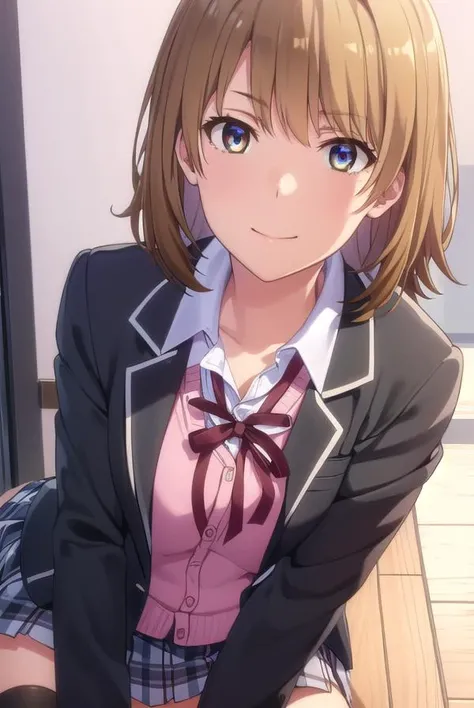 irohaisshiki, <lora:iroha isshiki s2s3-lora-nochekaiser:1>,
iroha isshiki, short hair, brown hair, (brown eyes:1.5), smile,
BREAK skirt, shirt, ribbon, school uniform, jacket, white shirt, open clothes, socks, open jacket, black jacket, plaid, kneehighs, plaid skirt, blazer, cardigan, black socks, pink cardigan, sobu high school uniform,
BREAK indoors, classroom,
BREAK looking at viewer,
BREAK <lyco:GoodHands-beta2:1>, (masterpiece:1.2), best quality, high resolution, unity 8k wallpaper, (illustration:0.8), (beautiful detailed eyes:1.6), extremely detailed face, perfect lighting, extremely detailed CG, (perfect hands, perfect anatomy),