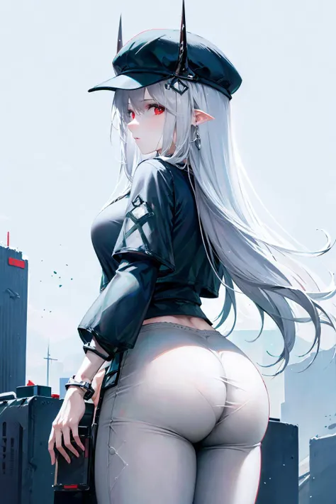 origin,horns, outfit-skyline, 1girl,horns, solo, long hair,red eyes,, ass, hat,white pants, simple background, white background, looking at viewer, from behind, breasts, bag, looking back, black headwear, large breasts <lora:outfit-skyline-pynoise:1> <lora:Arknights-mudrock-Obsidian (With multires noise version):1>