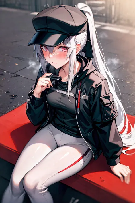 AR15,outfit-skyline,(chin rest), black headwear,pink hair,ponytail,1girl,blush,sweat,ninai, solo, white pants,breasts, looking at viewer, outdoors, bangs <lora:outfit-skyline-pynoise:1>  <lora:GF-AR15-MOD3-og:1:FACE>