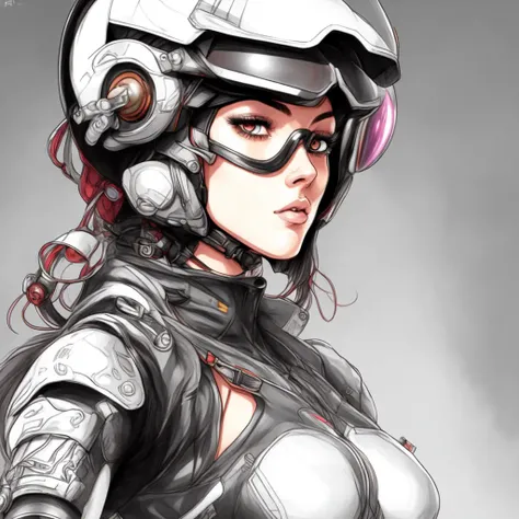 (BionicBikerGirl style:1) a drawing of a woman wearing a helmet and goggles <lora:BionicBikerGirl:1>