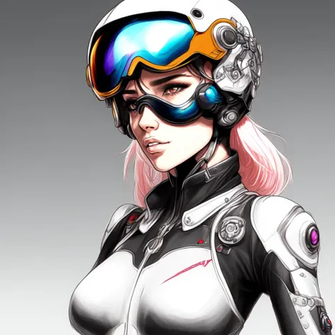 (BionicBikerGirl style:1) a drawing of a woman wearing a helmet and goggles <lora:BionicBikerGirl:1>
