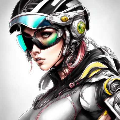 (BionicBikerGirl style:1) a drawing of a woman wearing a helmet and goggles <lora:BionicBikerGirl:1>