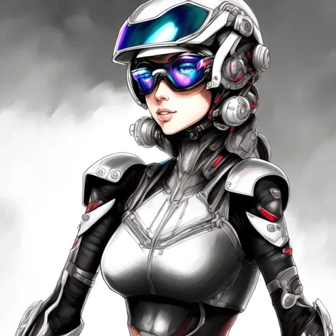 (BionicBikerGirl style:1) a drawing of a woman wearing a helmet and goggles <lora:BionicBikerGirl:1>